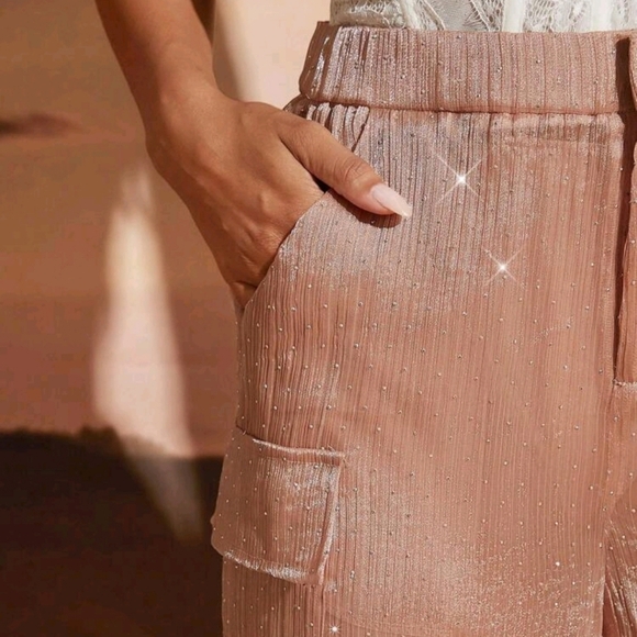 Sheer Chiffon Wide Leg Cuffed Cargo Pants With Rhinestones - Picture 4 of 5